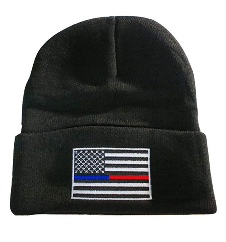 Thin Blue Red Line USA Flag Knit Skull Cap Hat Beanie by TrendyLuz - Support Police Firefighter