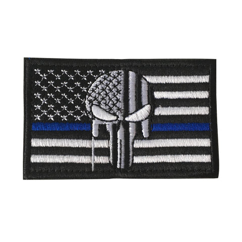 Thin Blue Line Tactical American USA Punisher Skull Flag Patch, Embroidered Velcro Patch US Military Police Firefighter
